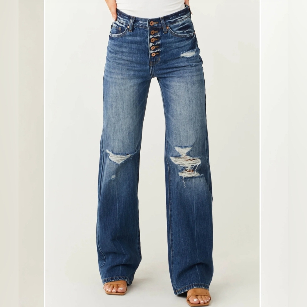 NWT KanCan 90's Flare Buttonfly Jeans, 7/27", med wash distressed